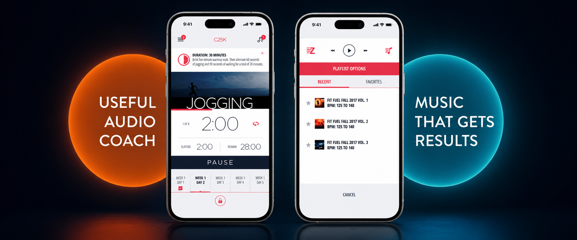 C25K app screens showing the audio coach during a jogging interval and the in-app music player with curated high-BPM playlists.