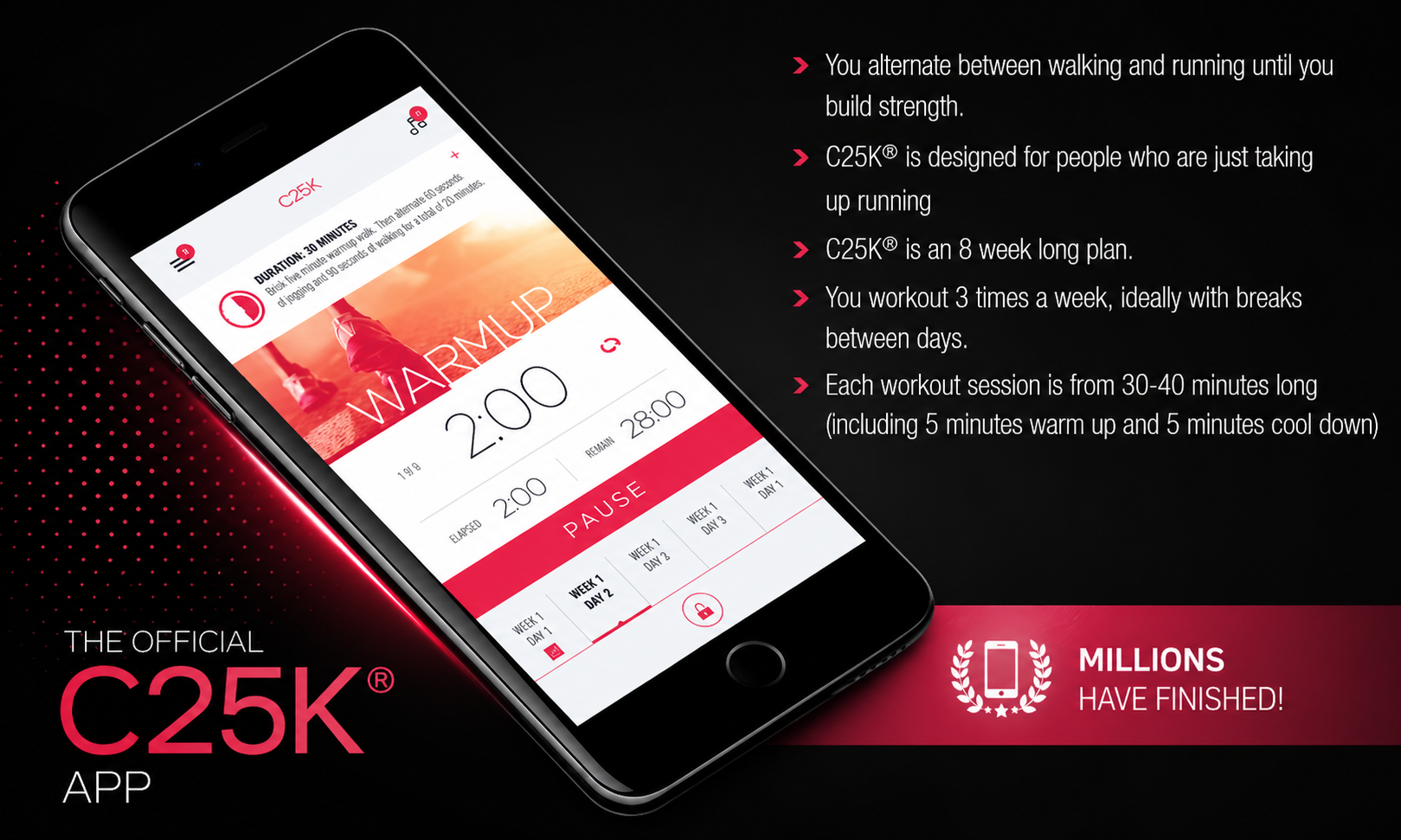 The official C25K running coach app showing a 30-minute workout in progress on iPhone